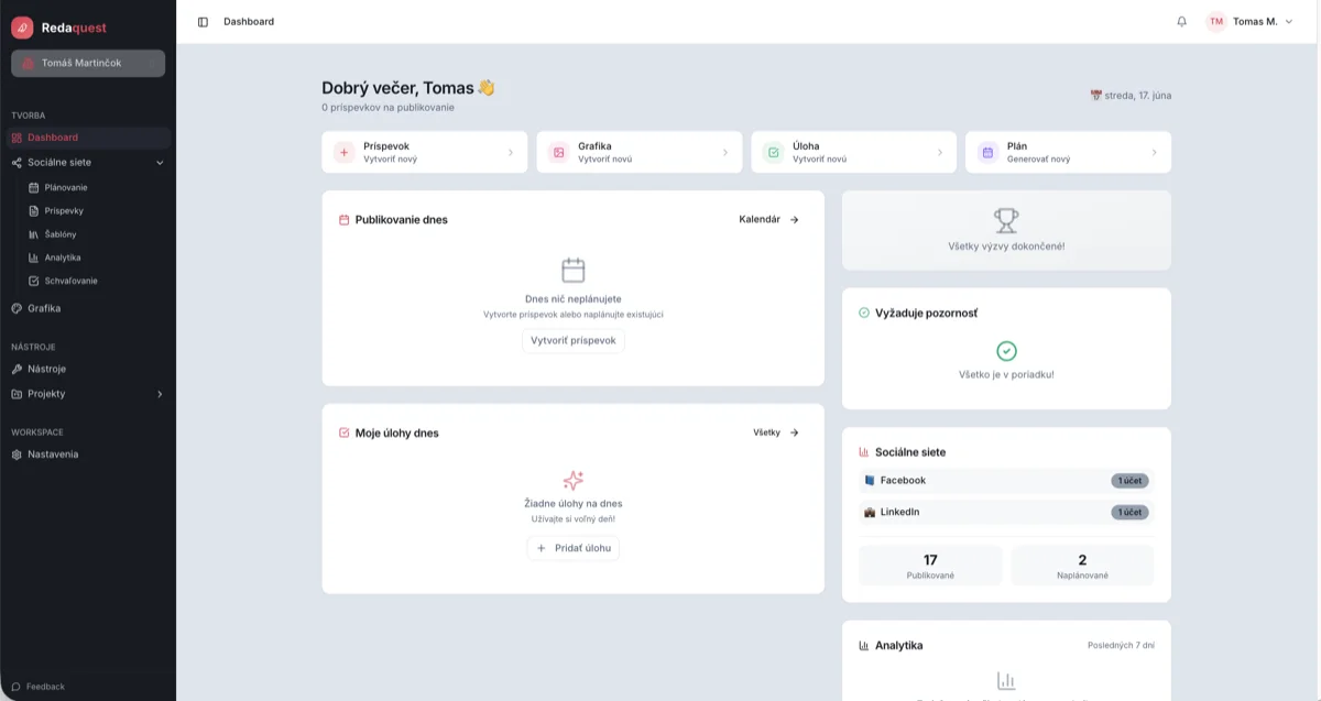 RedaQuest: prehľad (dashboard)