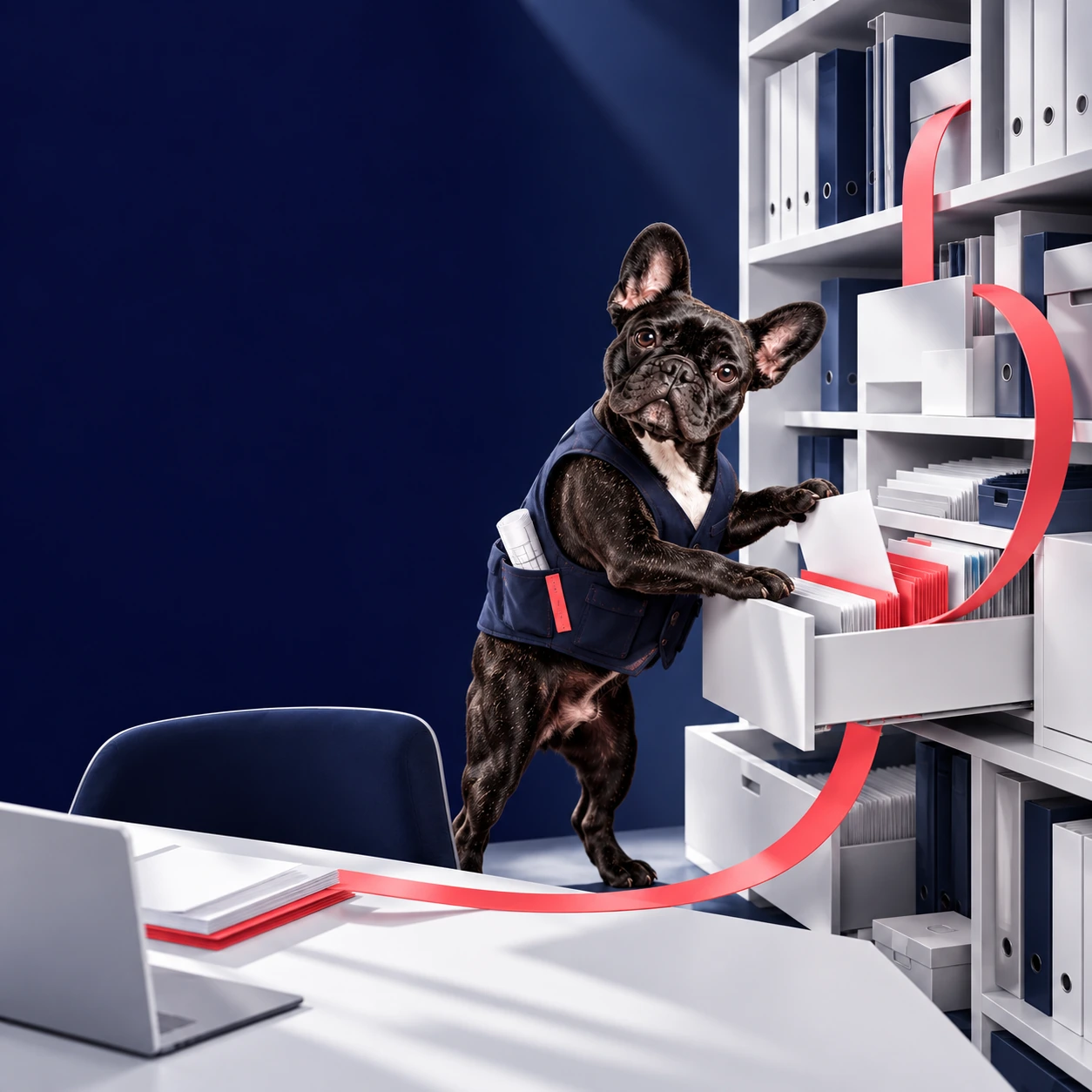 Ilustrácia TOMARCO: Jerry ukladá dokumenty do pracovného archívu, ktorý prepája koralová cesta.