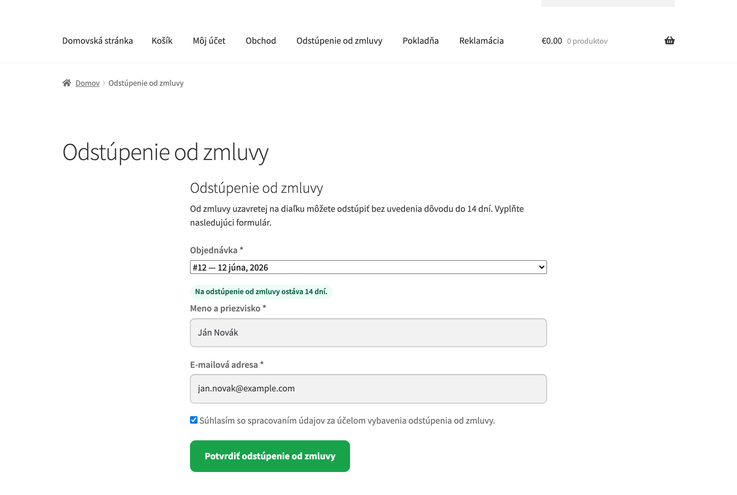Formulár na online odstúpenie od zmluvy v e-shope so zákonným tlačidlom a odpočtom lehoty