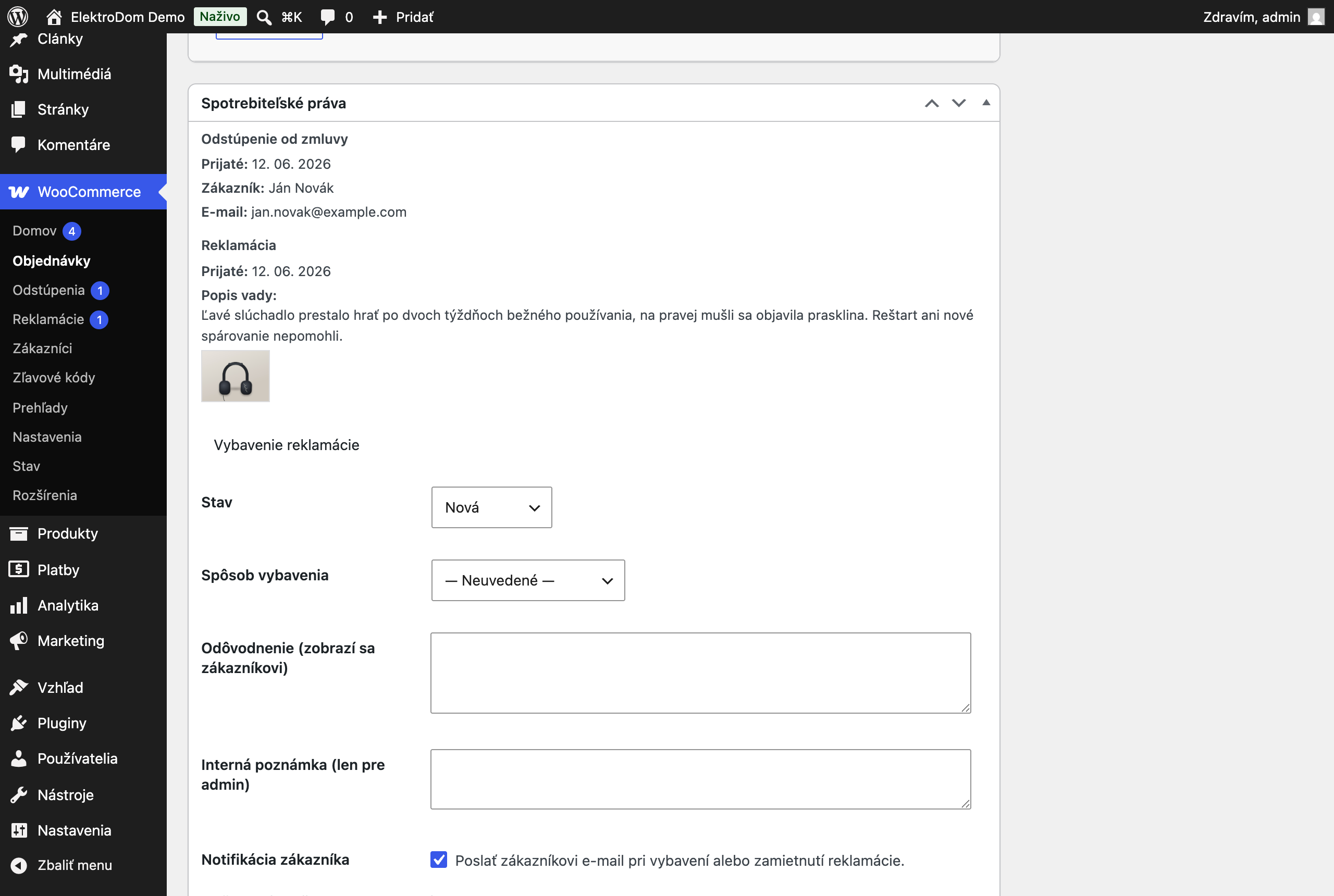 Box Spotrebiteľské práva na objednávke WooCommerce s PDF protokolom