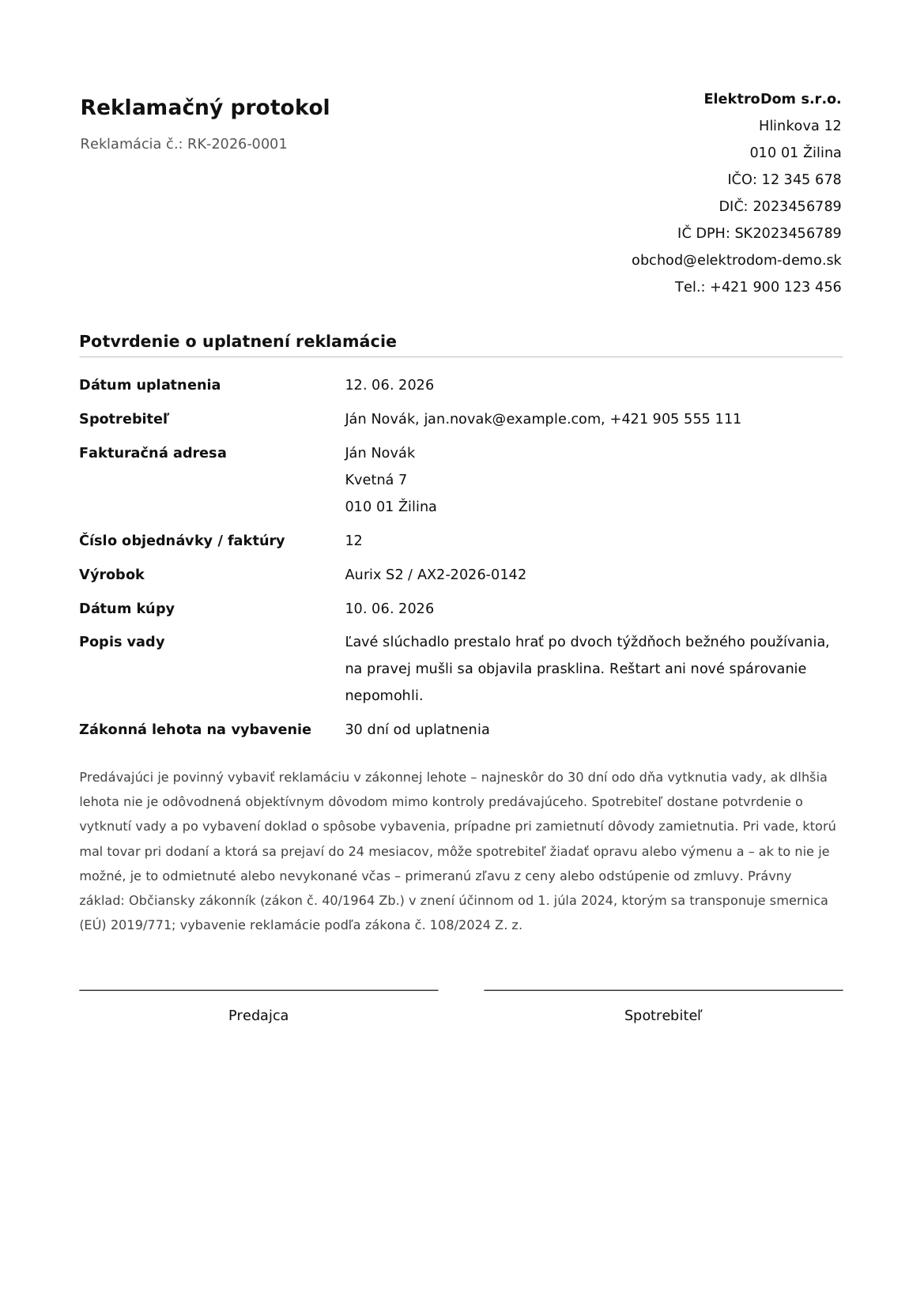 PDF protokol reklamácie s číslom RK-YYYY-NNNN a údajmi predajcu