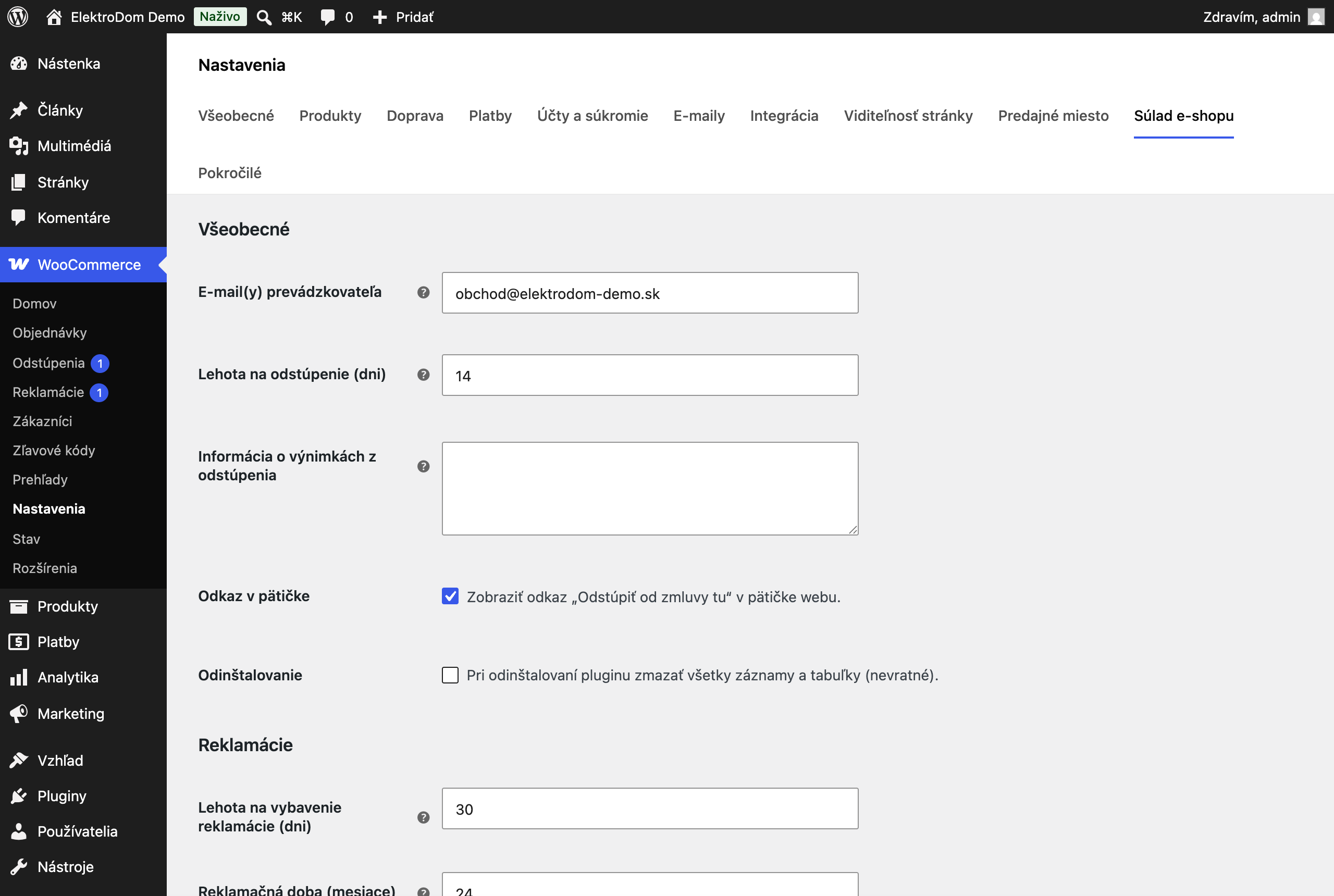 Nastavenia pluginu v sekcii WooCommerce Súlad e-shopu