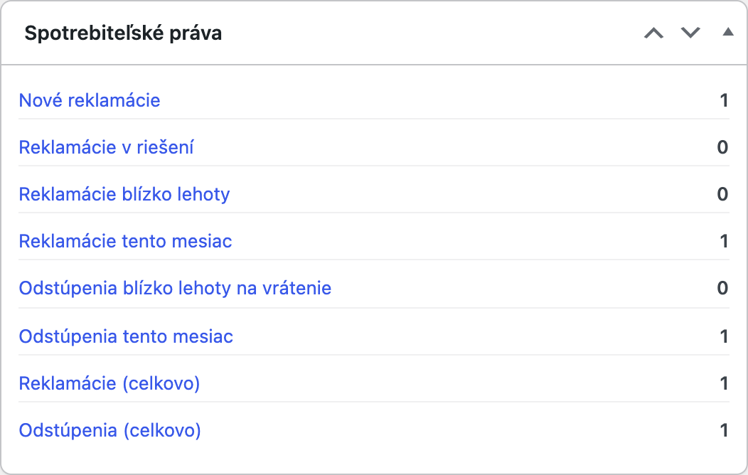 Nástenkový widget s počtami odstúpení a reklamácií podľa stavu